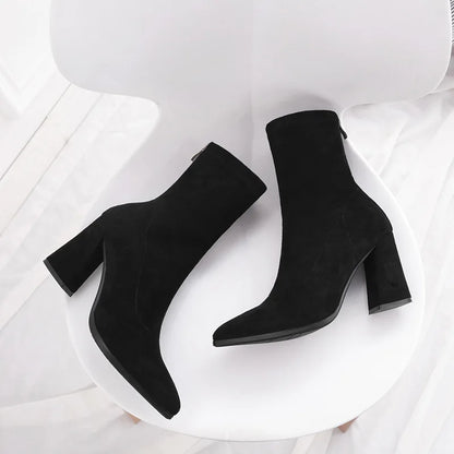 2022 Winter New Thick Heel Suede Pointed Shoes Women's Warm Fashion High Heels Sexy Versatile Short Boots Botte Femme Hiver.