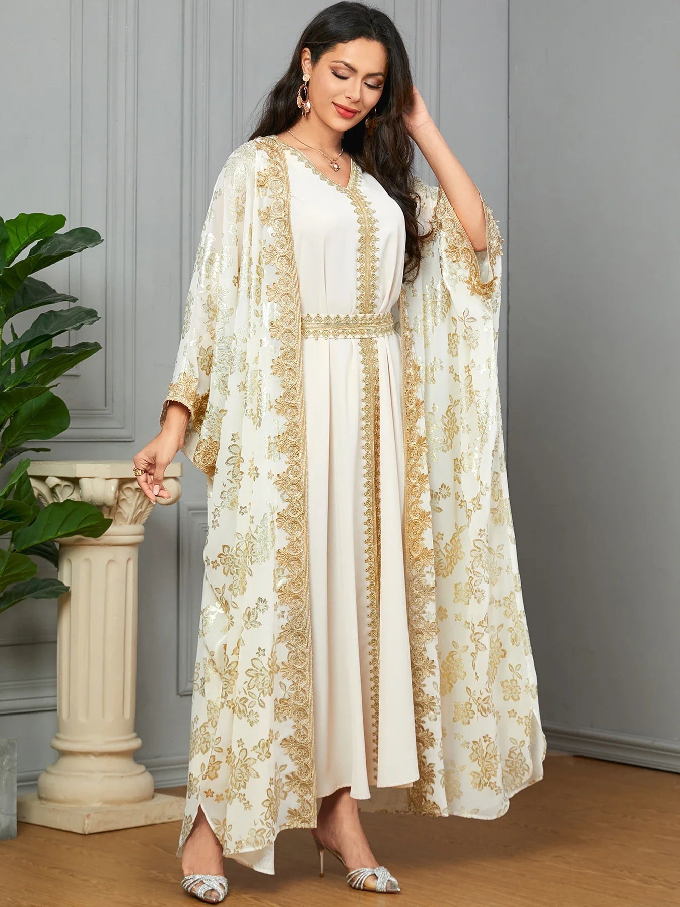 Eid Muslim Party Dress for Women Abaya with Inner Dress 2 Piece Set Jalabiya Ramadan Abayas Robe Caftan Vestidos Largos 2024.