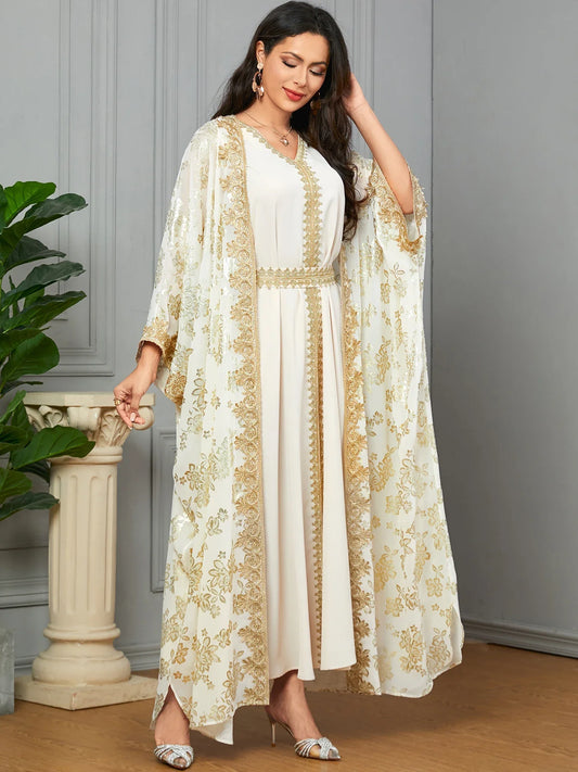 Eid Muslim Party Dress for Women Abaya with Inner Dress 2 Piece Set Jalabiya Ramadan Abayas Robe Caftan Vestidos Largos 2024.