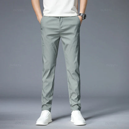 Spring Summer Casual Pants Men Thin Stretch Slim Fit Elastic Waist Business Classic Korean Trousers Male Khaki Gray 38