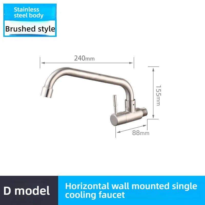 Kitchen Stainless Steel Faucet Wall Mounted Rotate Single Cold Water Sink Tap Household Kitchen Universal Faucet