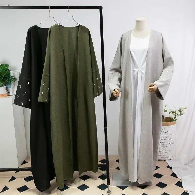 Muslimische Abayas lose Kaftan Frauen islamische Kleidung Mond Stickerei offene Front Abaya Langarm Maxi Länge Kleid Frauen Jilbabs.