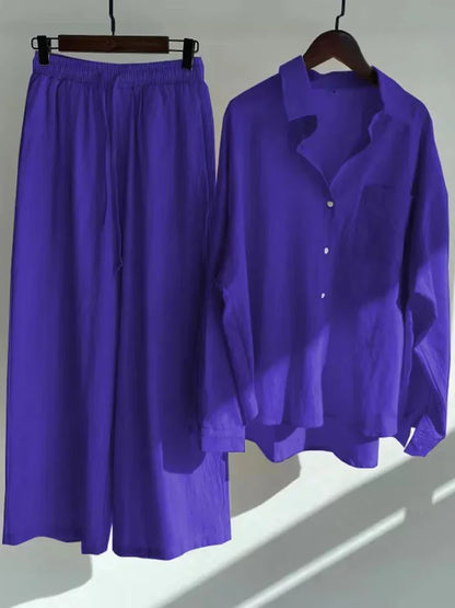 Pants Set Women Shirts Wide Leg Elastic Waist Cotton Linen Casual Sets Elegant Loose Long Sleeve Lapel Spring Shirt Y2k Suit