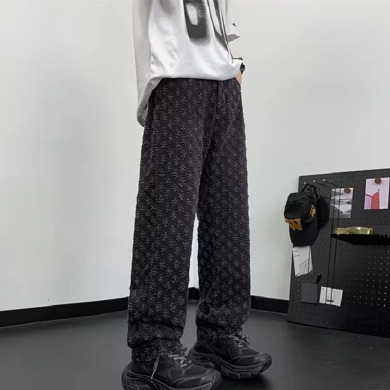 Jacquard All Over High Street Jeans Mens 2024 New Straight Lift Pattern Loose Wide Leg Jeans Casual Boyfriend Jeans Pants Tide.