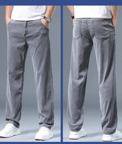 Summer Thin Men's Loose Straight Jeans Lyocell Soft Drape Business Casual Trousers Classic Smoke Gray Brand Ice Silk Pants.