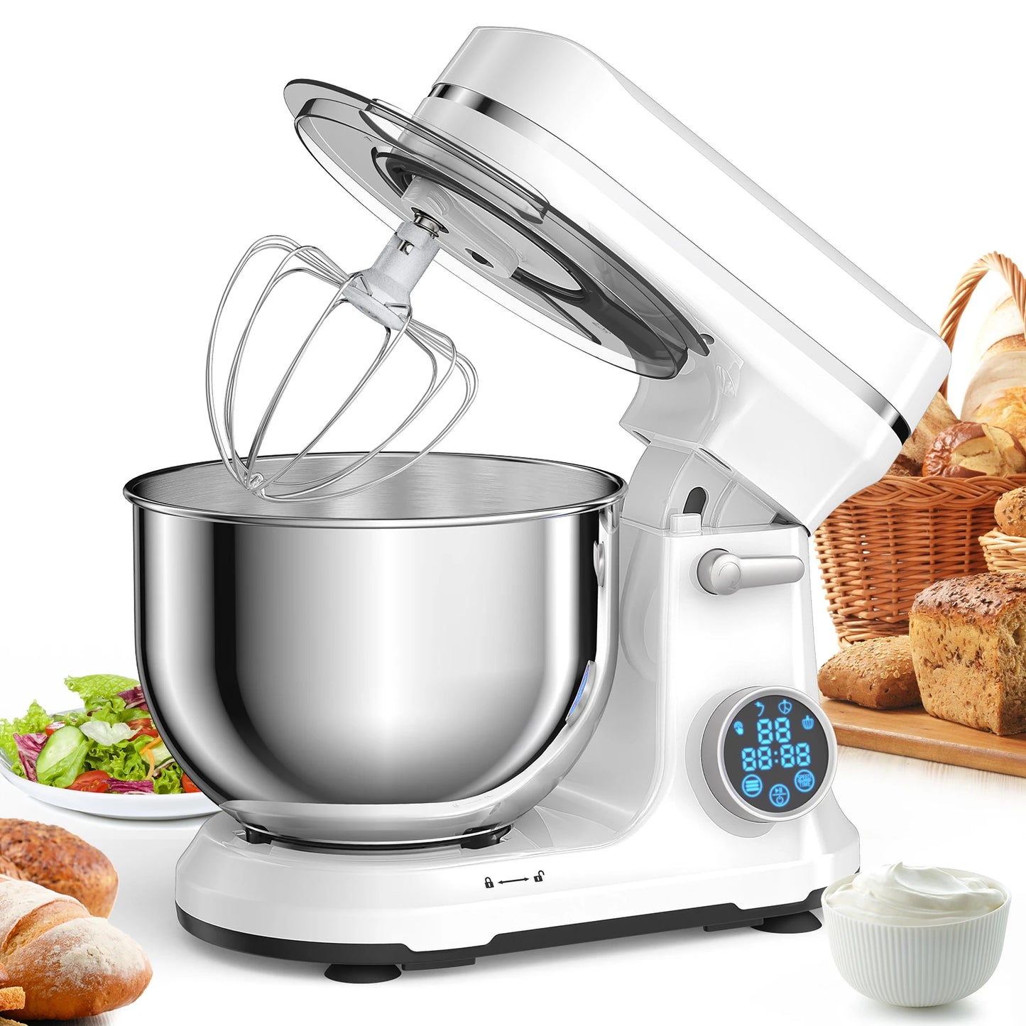 BioloMix Kitchen Food Stand Mixer, 1200W 11-Speeds DC Motor, Digital OLED Screen, Electric Food Mixer with Dough Hook, Whisk.