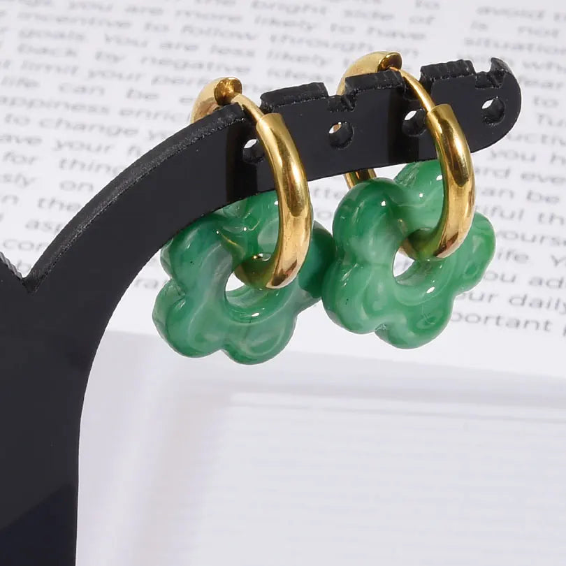 Colorful Flower Glass Drop Charms Earring Gold Color Circle Ear Buckle Hoops Stainless Steel Earrings Fashion Jewelry for Women
