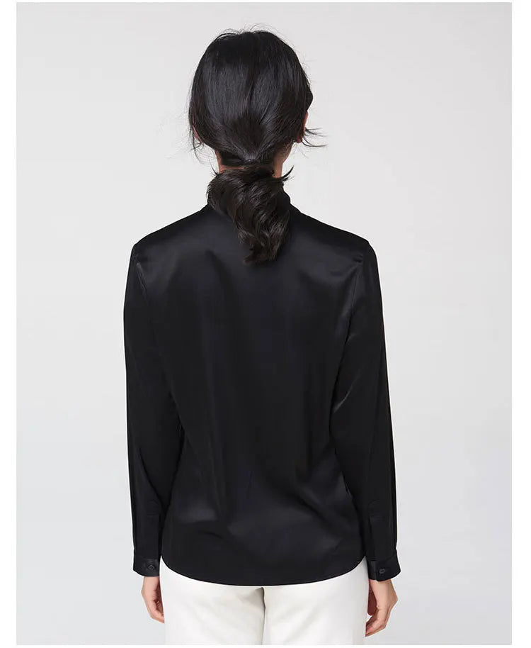Heavyweight Mulberry Silk Shirt Women's 2025 Spring And Autumn New Long Sleeve Satin Silk Blouse V-neck Bow Ribbon Shirt.