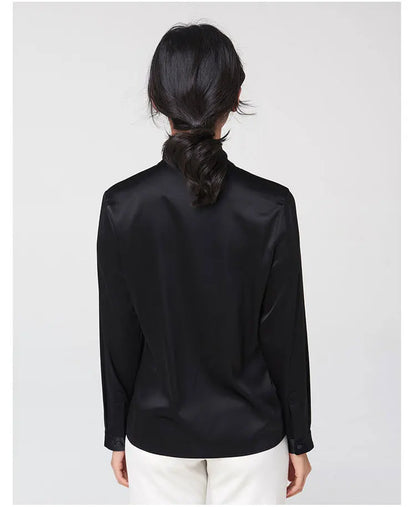 Heavyweight Mulberry Silk Shirt Women's 2025 Spring And Autumn New Long Sleeve Satin Silk Blouse V-neck Bow Ribbon Shirt.
