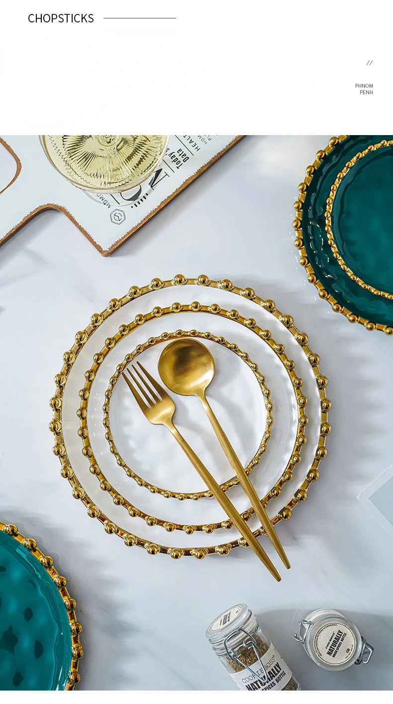 Nordic Ins Style Golden Edge Bead Plate Western Food Steak Plate Home Network Red Dish Creative Tableware Plate Breakfast Salad.