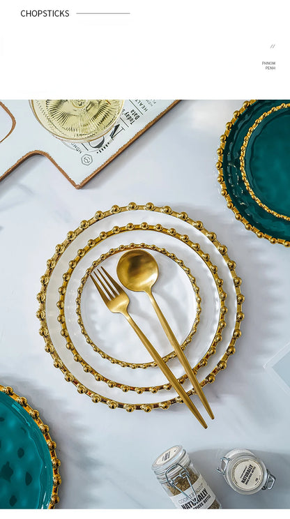 Nordic Ins Style Golden Edge Bead Plate Western Food Steak Plate Home Network Red Dish Creative Tableware Plate Breakfast Salad.