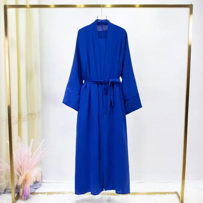 2 Bilder Muslimische Sets Muslim Jilbab Zwei Stücke Frauen Heraus Abaya Lose Strickjacke Mantel Ärmelloses Innenkleid Gebetskleidung mit Gürtel.