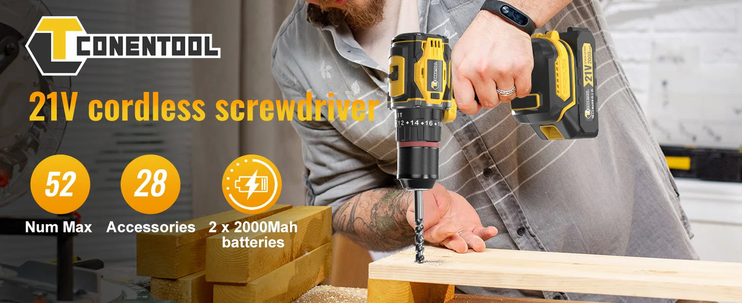CONENTOOL 28+3 Drehmoment Elektrischer Bohrschrauber Bürstenloser kabelloser Akku-Bohrschrauber 2 Batterien Multifunktionales 27-teiliges Set