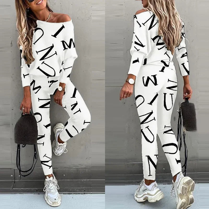 Autumn New Women's Fashion Letter Print Sexy Off Shoulder Long Sleeved Leggings Long Pants Casual Comfortable Two-piece Set.