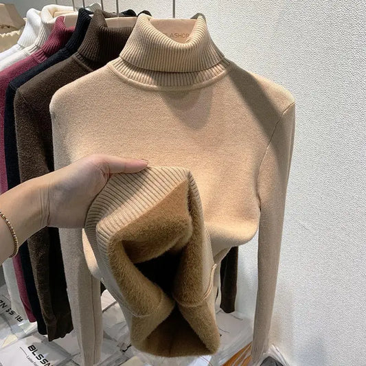 2025 neue Verdicken Hohe Kragen Pullover frauen Pullover Top Winter Warme und Weiche Einfarbig Inneren Tragen Bodenbildung Shirt
