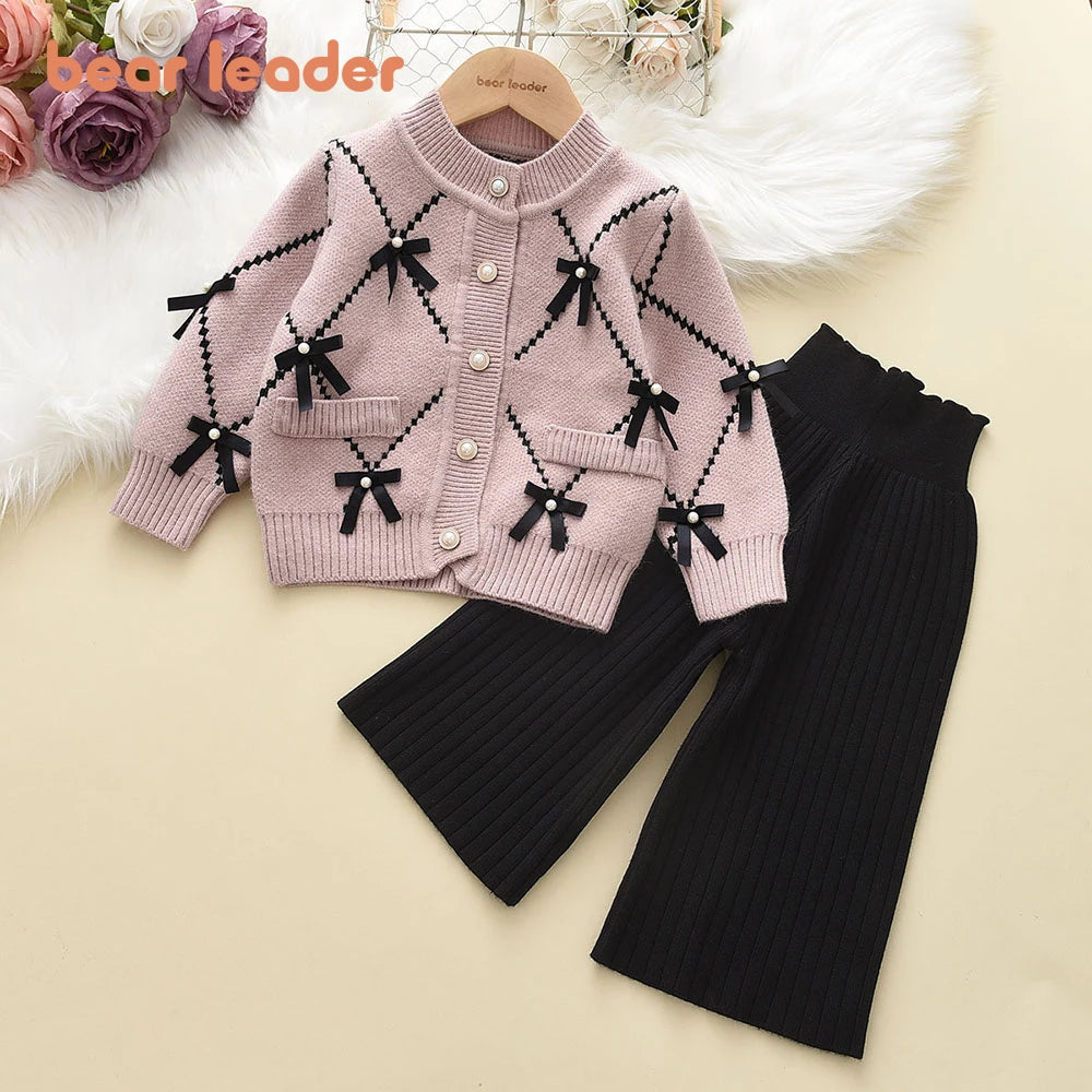 Bear Leader Bow Baby Sweatshirt + Pants 2pcs Set New Children Knitting Outfit for 2-6Years Kids Tracksuit Winter Girls Clothes.
