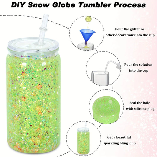 16OZ DIY Snowglobe Tumbler with Pre Drilled Hole Reusable Plastic Water Bottles Break-Resistant Mason Jar Cups for Holiday Gifts.