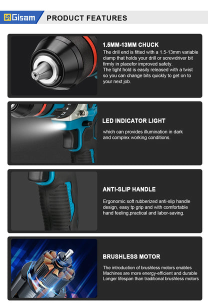 13 mm 480 N.M bürstenloser elektrischer Schlagbohrschrauber Akku-Bohrschrauber Elektroschrauber DIY-Treiber Elektrowerkzeug für Makita 18 V Akku-Pin