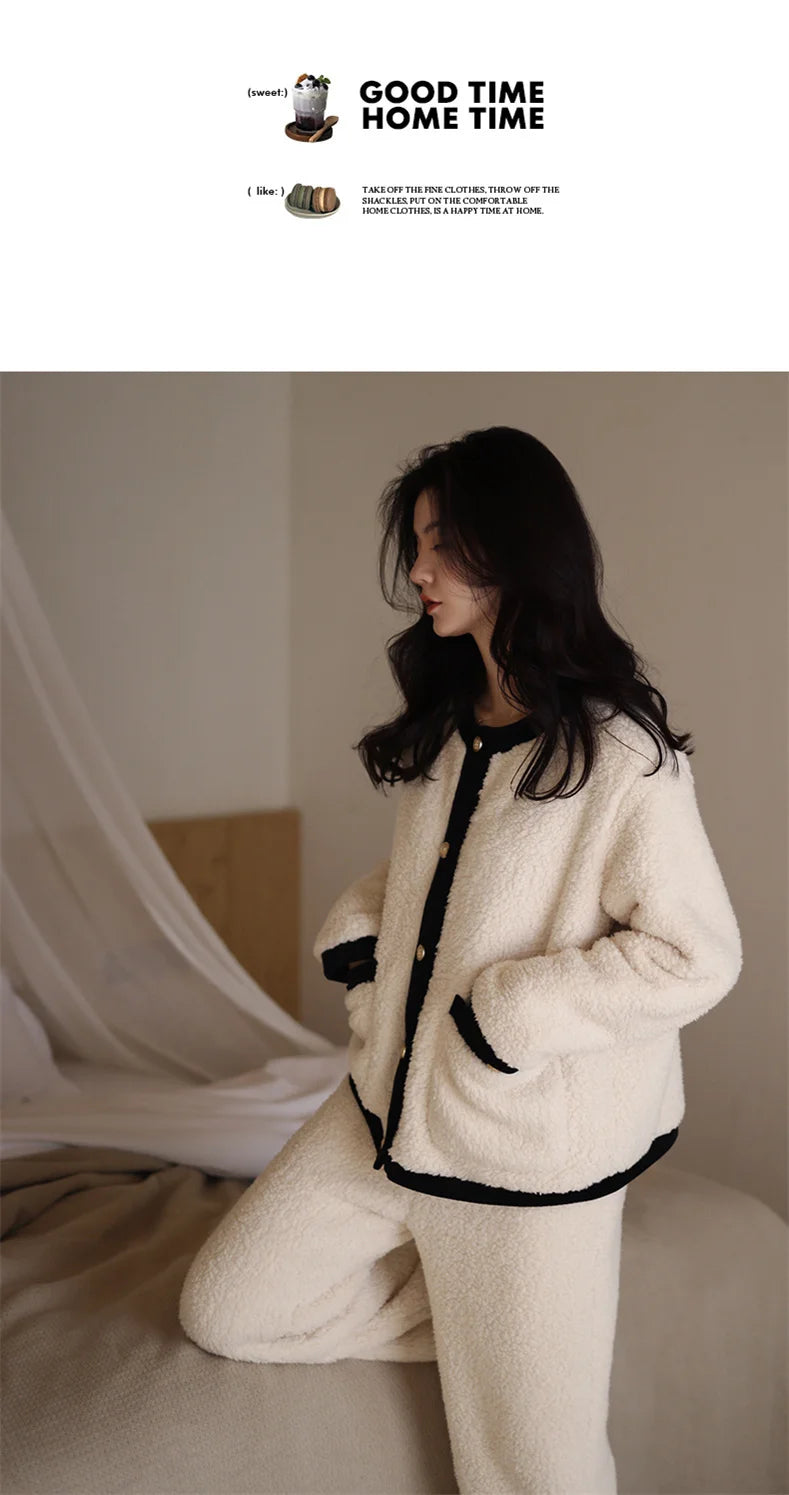 Winter Women Warm Fashion Pajama Sets Sweet   Elegant French Style Girlish Leisure Thicken Flannel Comfort Pajamas