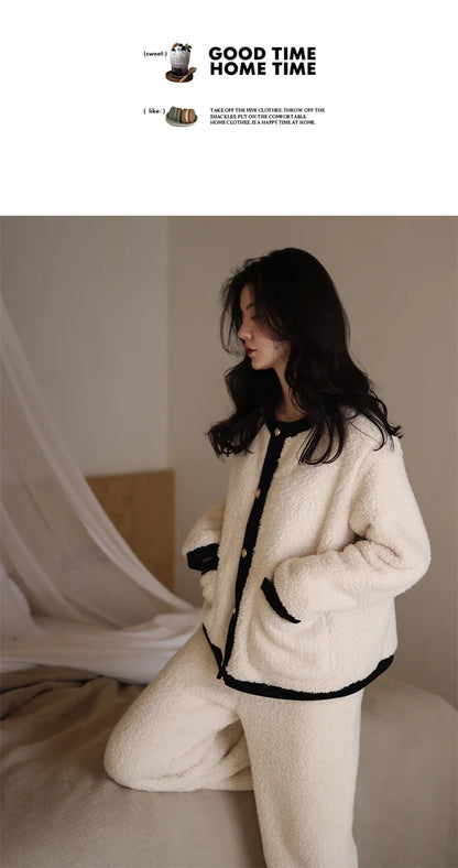 Winter Women Warm Fashion Pajama Sets Sweet   Elegant French Style Girlish Leisure Thicken Flannel Comfort Pajamas