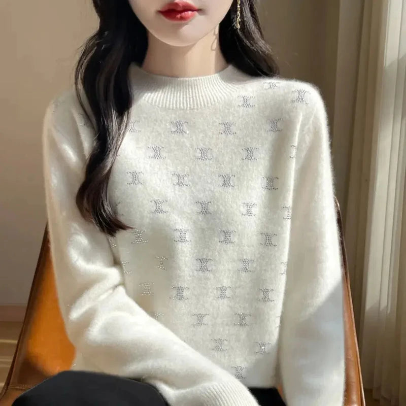 Temperament Fashion Autumn Winter New Sweaters Women Turtleneck Diamonds Long Sleeve Loose Pullovers Bottoming Shirt Knitted Top