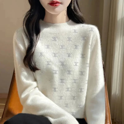 Temperament Fashion Autumn Winter New Sweaters Women Turtleneck Diamonds Long Sleeve Loose Pullovers Bottoming Shirt Knitted Top