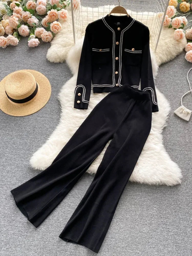 New Autumn Korean Fashion Casual Knit Two Piece Set Women Sweater Cardigan Crop Top + Wide Leg Pant Suits Tracksuit 2 Piece Sets.