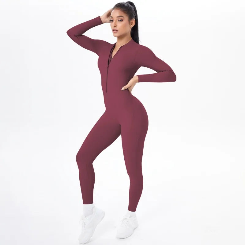 Women's Long Yoga Bodysuit with Half-Zip Sexy Back & Butt Lift for Fitness Running Outdoor Sportswear.