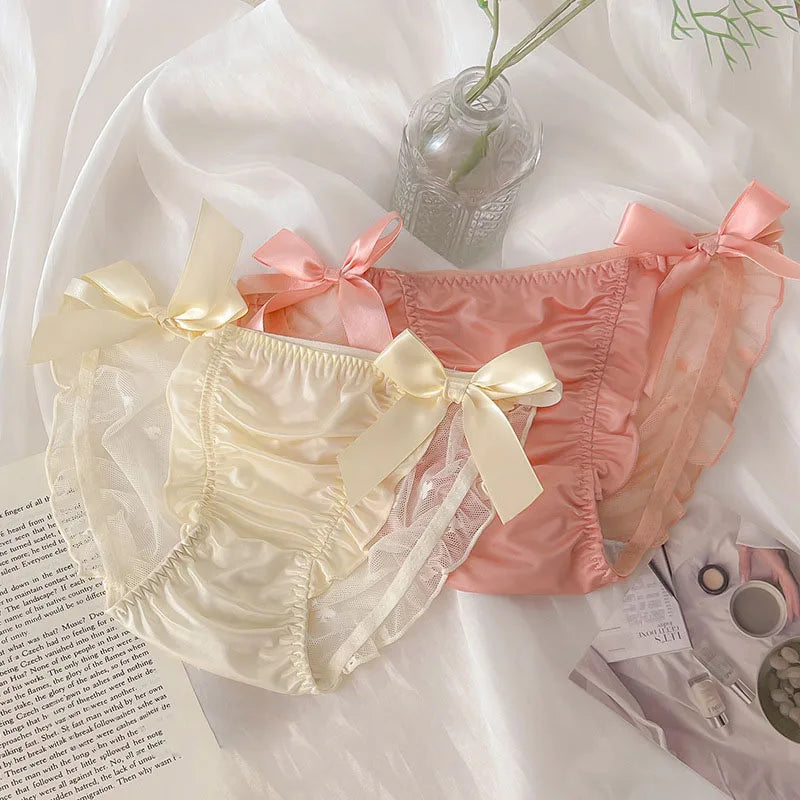 Women Sexy Satin Lace Mesh Transparent Bow Underwear Cute Lovely Sweety Princess Style Soft Panties Ruffles Breathable Breifs.