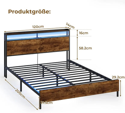 120 x 200 LED-beleuchteter Metallbettrahmen mit Steckdose und USB-Ladefunktion, Holzkopfteil, Stauraumbett B