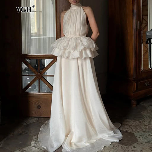 VGH Solide Abend Gespleißt Rüschen Maxi Kleider für Frauen High Neck Ärmellose Tunika Temperament Zeremonie Kleid Weibliche Kleidung