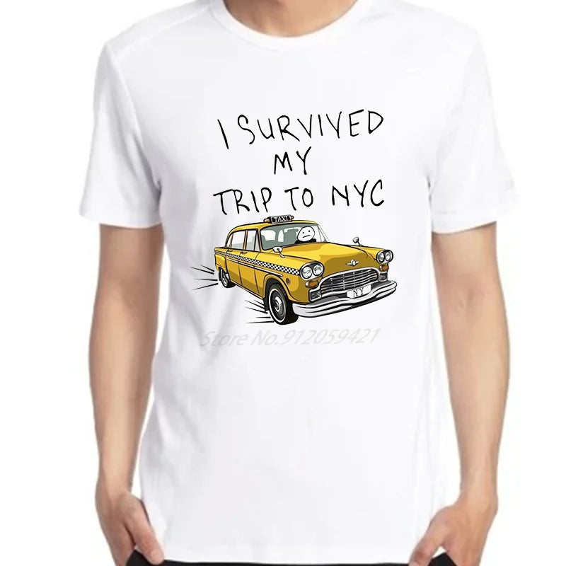 I Survived My Trip To Nyc T Shirt For Men New York Yellow Taxi Graphic T Shirts Cotton  Short Sleeve T-Shirts Men's Clothing.