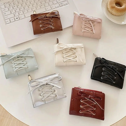 YK2 Strap Bow Women Wallets Short Wallets Card Holder Folding Zipper Coin Purse Girl PU Leather Coin Pouch Casual Clutch Bag.