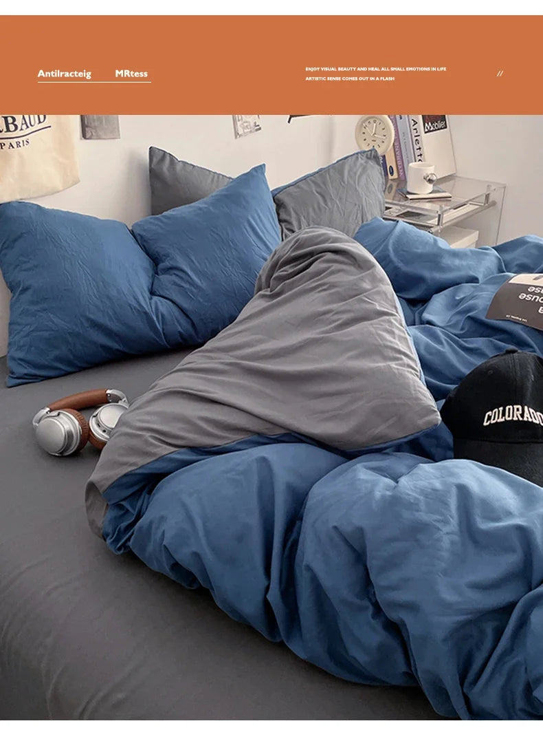 2025 new class A can sleep naked washed cotton solid color sheets student dormitory simple double-spell four-piece bedding.