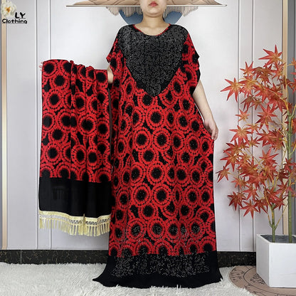 2024 New Muslim Women Dashiki Printed Dress Flower Diamonds Loose Dress With Big Scarf Islamic African Women Short Sleeve Abaya