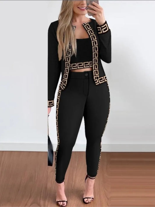 Trend Print Pants Sets Women Fashion Long Sleeve Coat Camisole Slim Trousers Three Piece Set Female Spring Autumn New Streetwear.