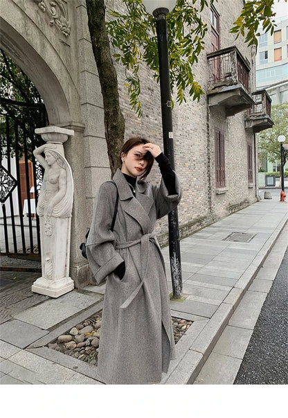 Mode Schwarz Lange Woolen Mantel Mit Gürtel Frauen Lose Revers Mantel Herbst Winter Warme Dame Oberbekleidung High Street