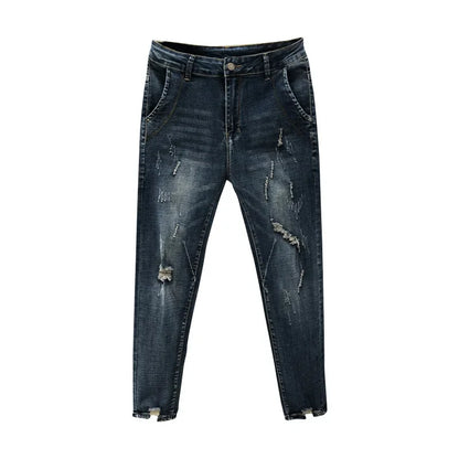 Trendy Unique Holed Men's Jeans Straight Leg Slim Fit Cropped Pants Summer Style Casual Business Fashion Shorts For Men.