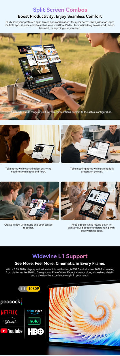 Blackview Mega 3 [No EU Charger] Tablet 8800mAh 36(12+24)GB+256GB 12.1" FHD 50MP+13MP Android 15 90Hz Dual SIM 4G 1080P IPS