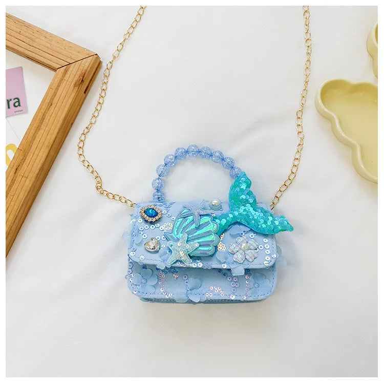 Lovely Sequin Girls Square Shoulder Bag Fish Tail Starfish Princess Crossbody Bags Bead Handle Children's Small Handbags Purse