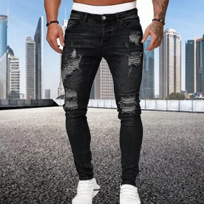 2024 New Retro Ripped Pencil Small Foot Skinny Jeans for Men Motorcycle Streetwear Stretch Straight Casual Slim Jeans Male.