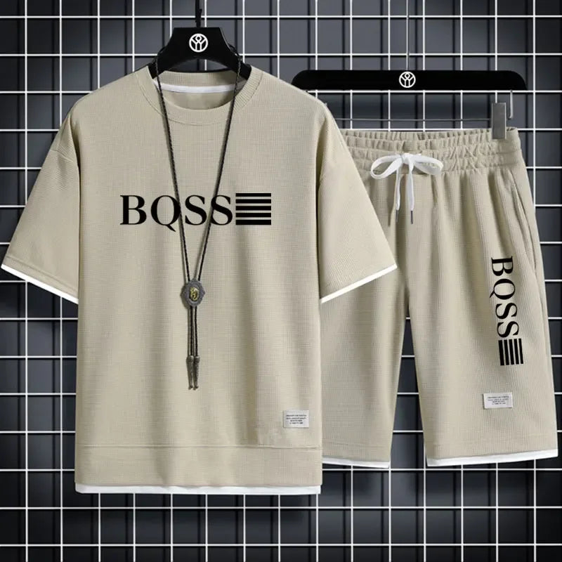 Summer fitness jogging loose sportwear set men's solid color short-sleeved casual T-shirt + shorts breathable two-piece set.