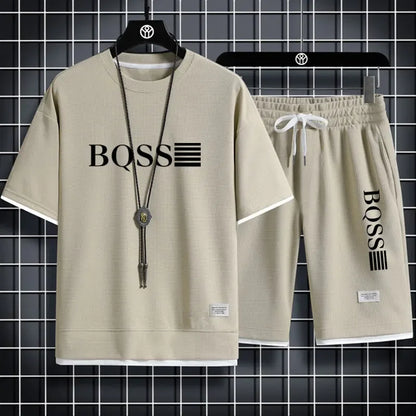 Summer fitness jogging loose sportwear set men's solid color short-sleeved casual T-shirt + shorts breathable two-piece set.