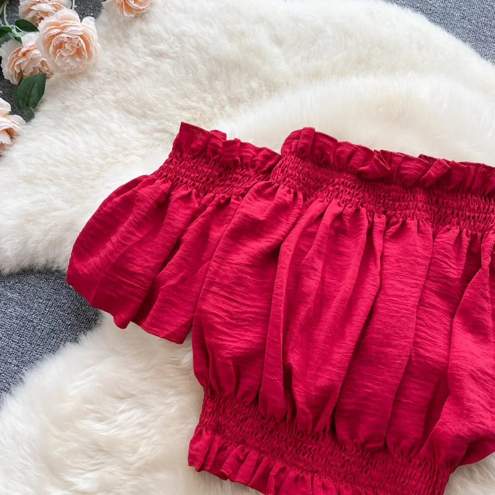 2024 Summer Green/Black/Red Two Piece Set Women Sexy Slash Neck Short Tops + High Waist Wide Leg Pants Female Suit New.