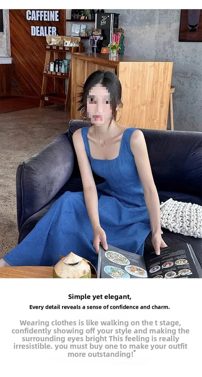 Blue Mist Love Französisches Jeanskleid für Damen, Sommer, einzigartiges Design, Taille, Cinching-Riemen, langes Kleid, elegante blaue Polyesterfaser.