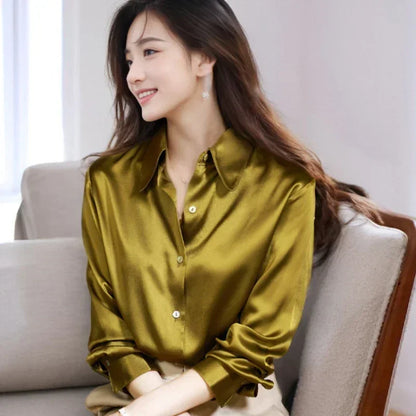 High Quality Silkly Satin Women's Shirt Office Ladies Long Sleeve Blouses Polo Neck Gold shirt Button Luxury Casual women tops.