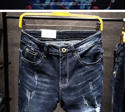 2025 New Ripped Jeans Men Slim-fit Denim Pants Cotton Korean Style Fashion Elasticity Versatile Blue Black Men's Clothing.