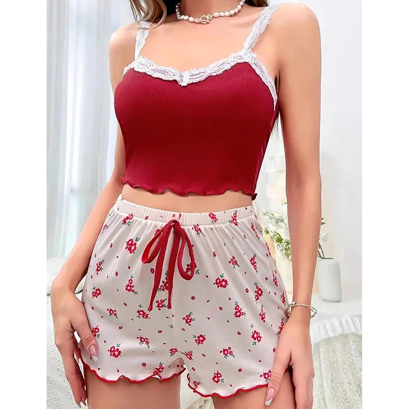 Frauen Pyjama Set Spitze Patchwork V-ausschnitt Nachtwäsche Sexy Nachthemden Anzug Leibchen Top Gedruckt Shorts Weiche Pyjamas Loungewear.