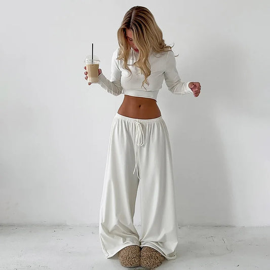 Blifanbo Casual Long Sleeve Crop Top Loose Long Pants 2 Pieces Set Women Autumn Slim Fashion Top And Long Pant Set Streetwear.