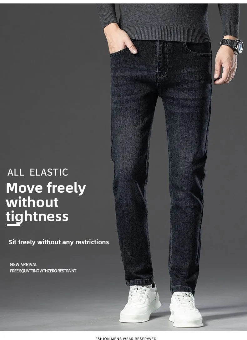 Autumn Winter New High Elasticity Men's Business Jeans Haze Blue Black Gray Denim Trousers Men's Pants Work Clothes Brand.